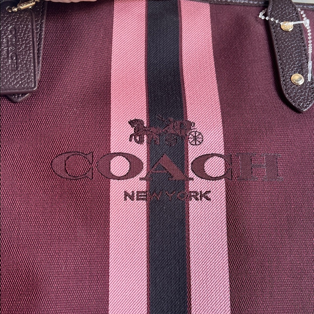 Coach Burgundy Top Zip Tote with Pink and Black Center Stripes - Picture 2 of 8